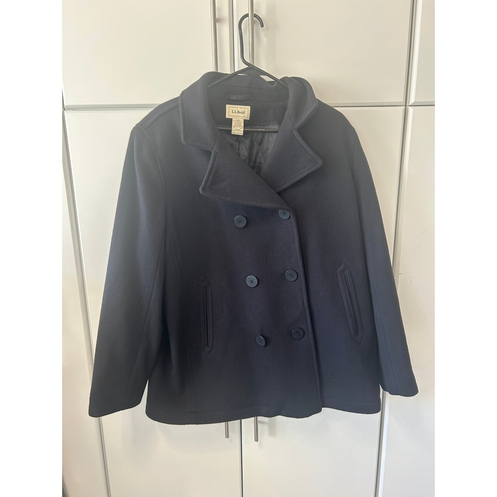 LL Bean Womens 20 Reg Navy Lambswool Pea Coat Thinsulate Insulated Quilted Lined